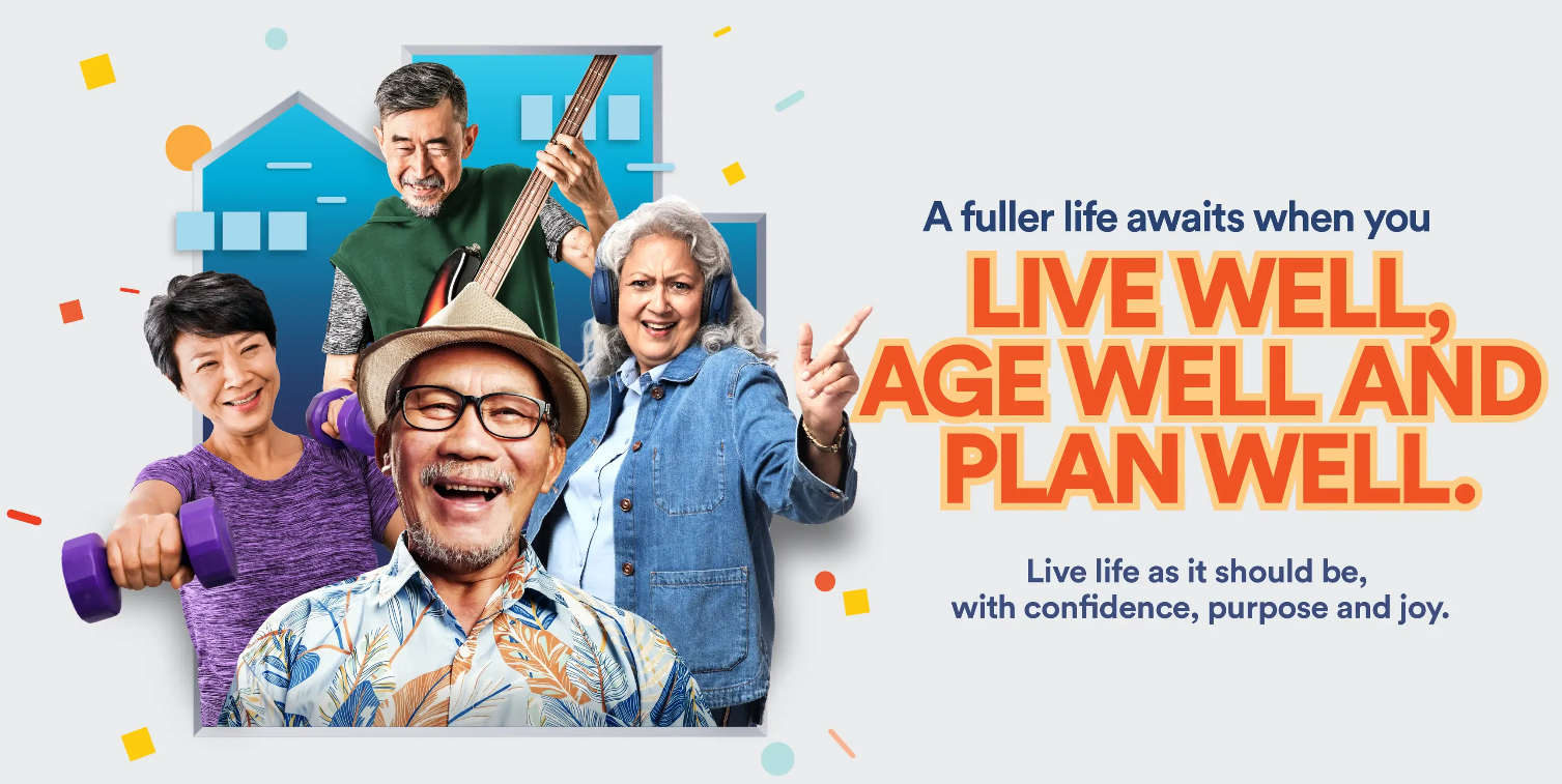 Four cheerful seniors exercising, playing guitar and listening to music. Text: A fuller life awaits when you live well, age well and plan well.